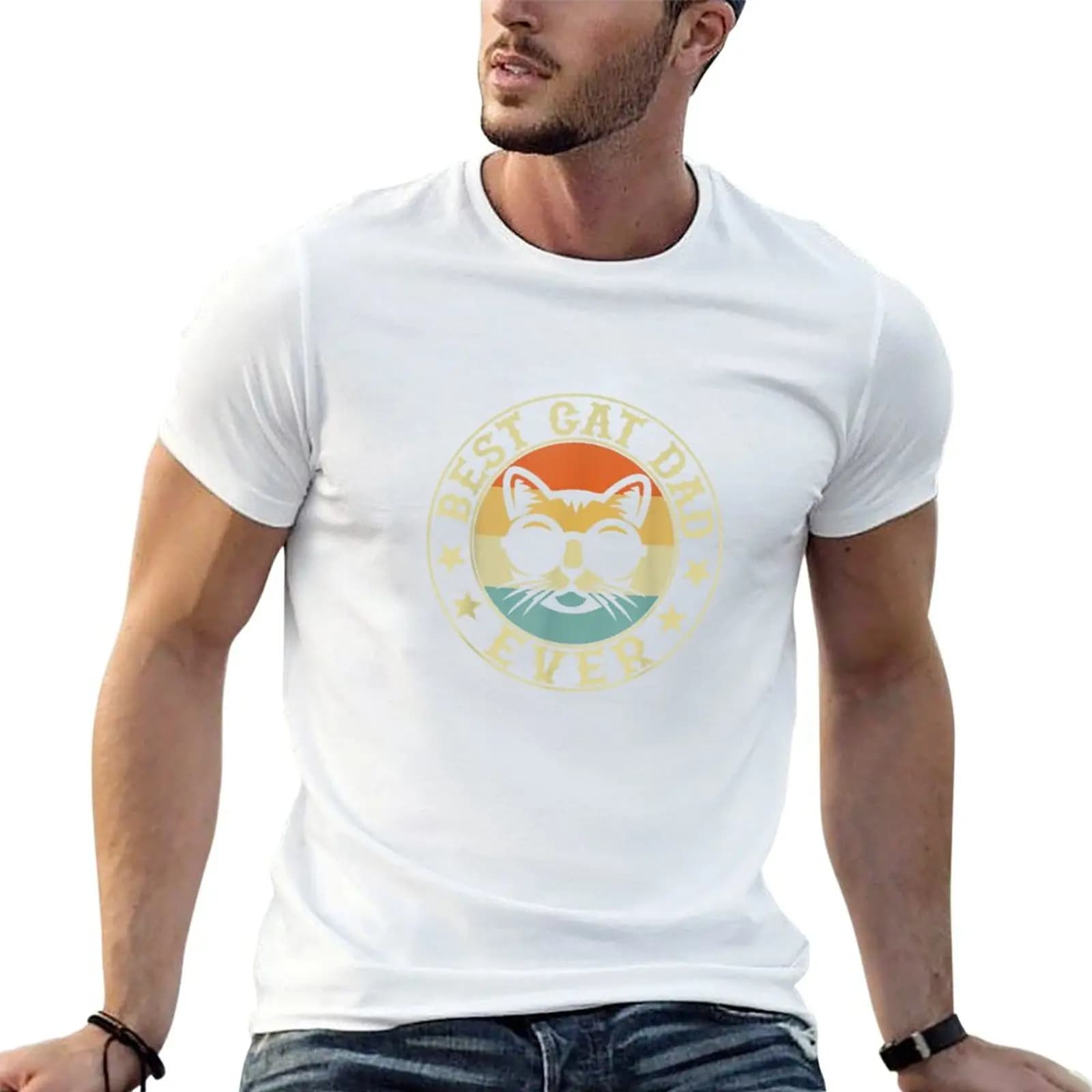 Vintage Best Cat Dad Ever T-Shirt All Match Print Short Sleeve Top