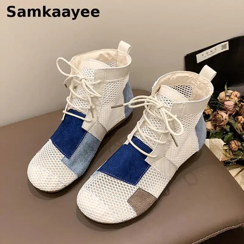 35-42 Donne Scava Fuori Stivali Maglia Scarpe Traspiranti Estate Femminile Appartamenti Caviglia Botas Patch Lace-up Calzature antiscivolo con la suola morbida 3