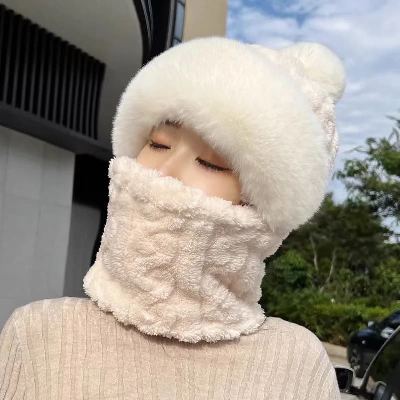 Copri cappello da donna autunno e inverno, cappello con protezione per le orecchie, maschera, cappello monopezzo, protezione per il viso da ciclismo, cappello con palla di pelo, caldo peluche