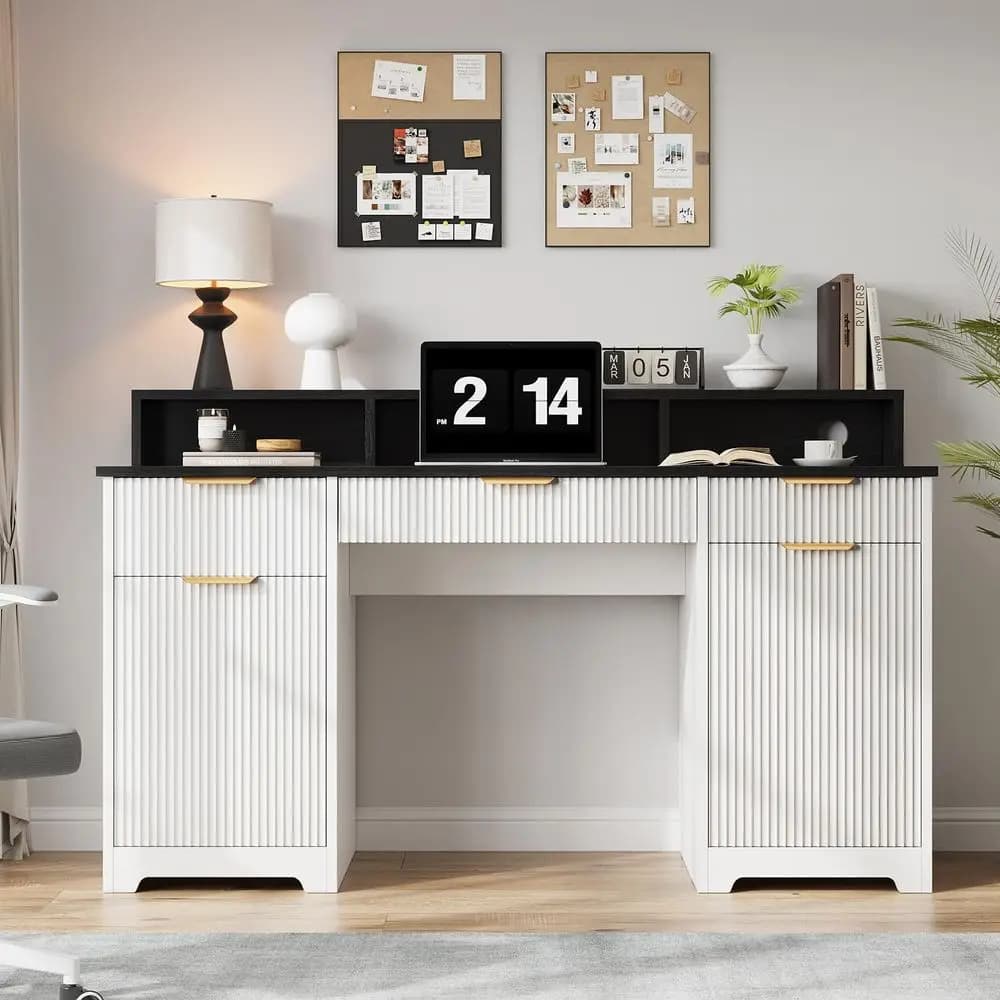Scrivania direzionale, scrivania da ufficio scanalata con prese di corrente, supporto lungo per monitor, scrivania grande per ufficio domestico con 3 cassetti e 2 vani portaoggetti