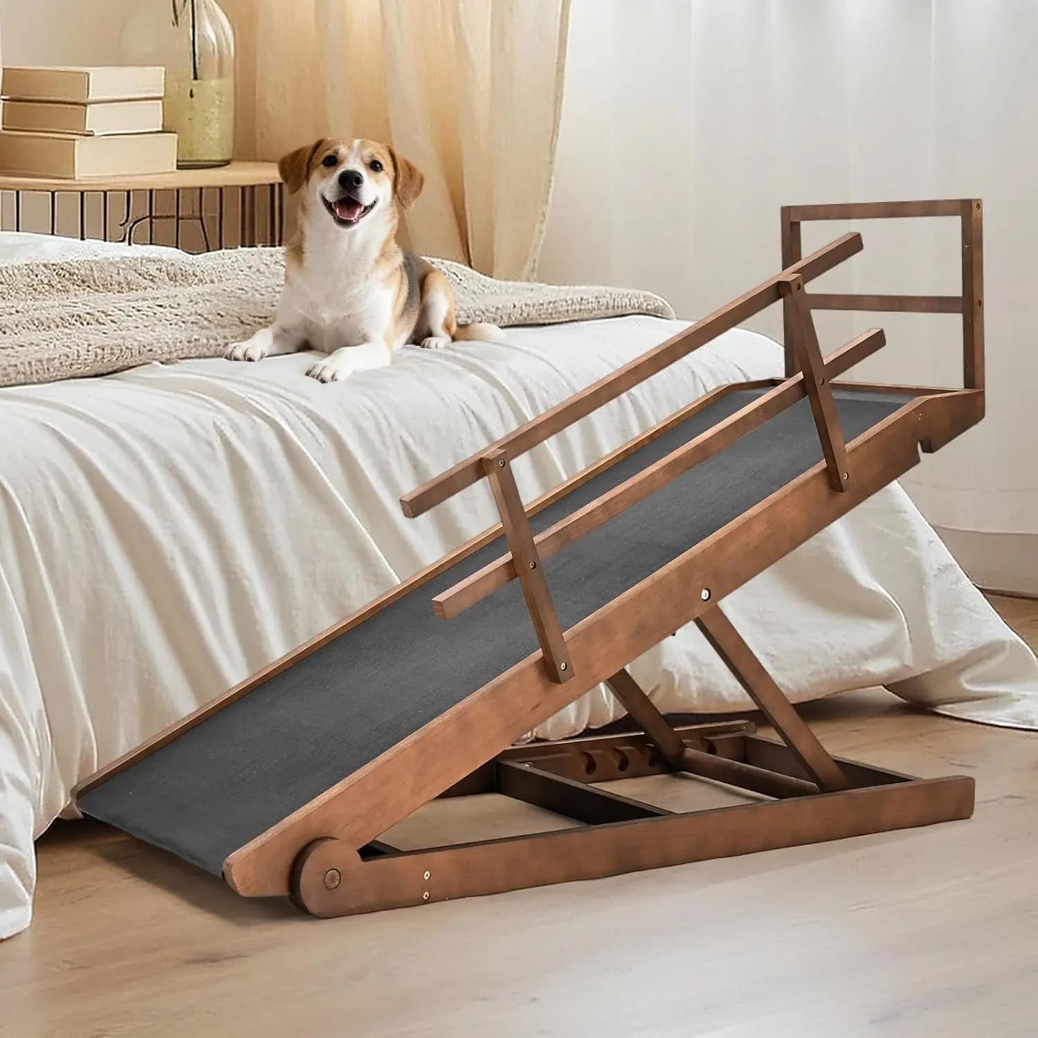 Rampa per Cani per Letti e Divani, Rampa Pieghevole Regolabile per Animali Domestici con Tappetino Antiscivolo in Gomma, Lunga 140 cm, 5 Altezze (39,9 cm – 70 cm), in Legno