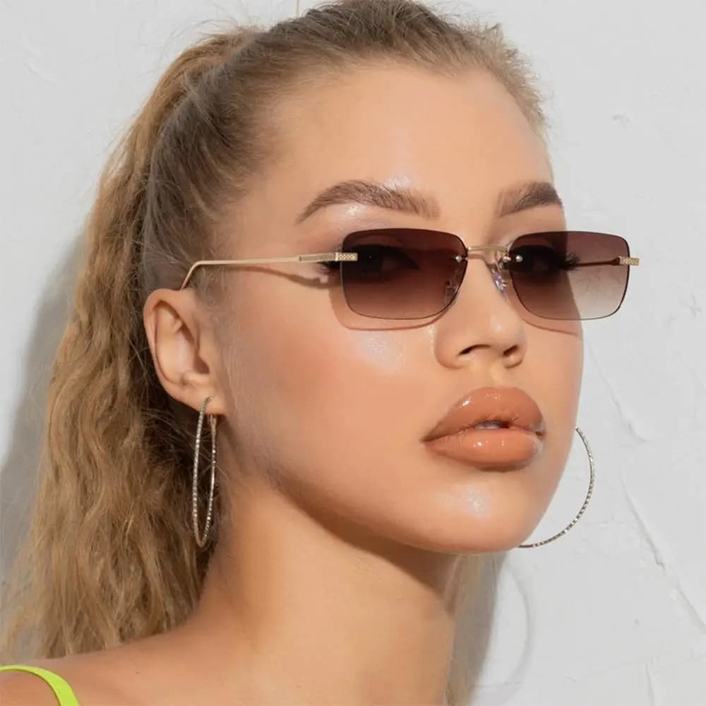 Rimless Square Sunglasses for Women Small Rectangle Ins Style Ladies Metal Shades UV400 Protection Street Shoot Eyewear