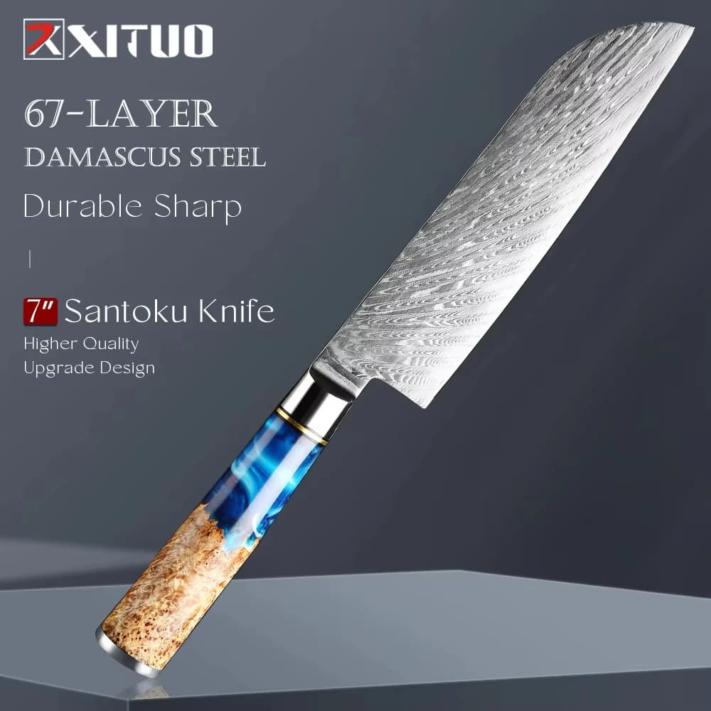 XITUO 7" VG-10 Damascus Santoku Knife Razor sharp Japanese Chef Knife for Sushi & Fish Blue Resin Wood Handle Kitchen Knife