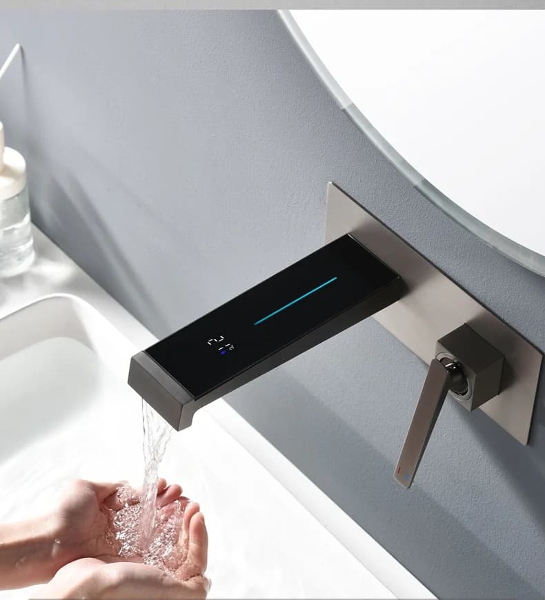 Grey bathroom sink faucet, wall mixer with LED, single lever hot and cold basin faucet, basin faucet