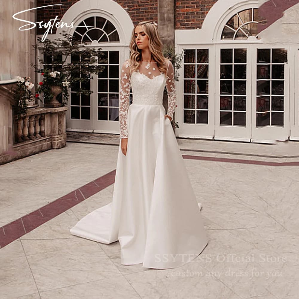 SSYTENS Abiti da sposa eleganti A Line Abiti da sposa con applicazioni bianche Abiti da sposa con corsetto personalizzato a maniche lunghe Illusion 2026