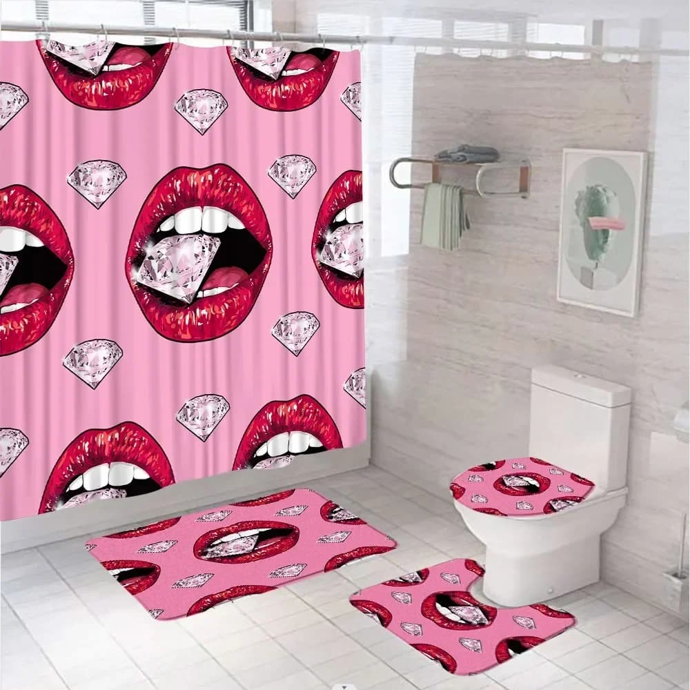 Set di tende da doccia creative per ragazza labbra rosse sexy Set di tende da bagno con stampa di diamanti scintillanti Tappeto antiscivolo Copri coperchio per WC Tappetini da bagno