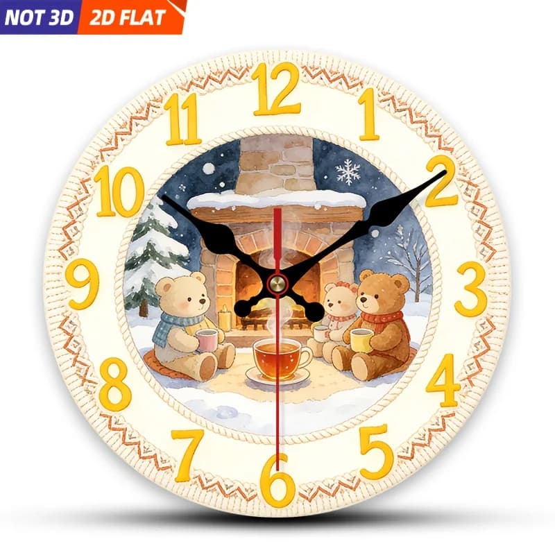 2D Piatto. 1 pezzo. Orologio da parete a tema invernale con un orsetto accanto al fuoco, silenzioso e decorativo. Un'aggiunta creativa per Bedro