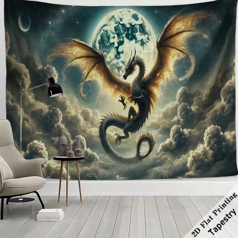 Fantasy Dragon Moon Tapestry Wall Art Celestial Cosmic Decor Gothic Evil Creature Background Print 180x280cm