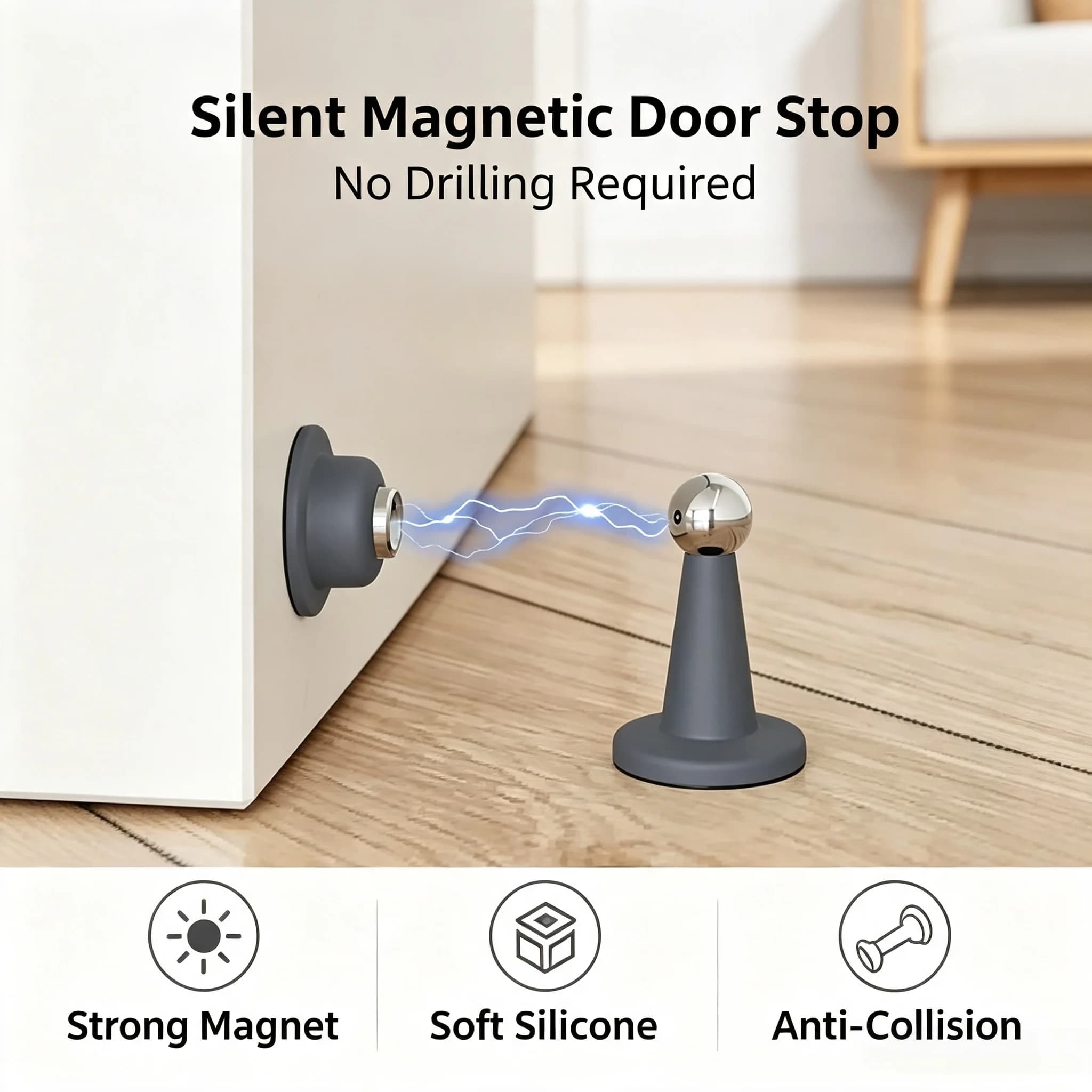 New Silicone Magnetic Door Stopper No Drilling, Anti-Collision Bathroom Door Stop, Strong Magnet Silent Floor Mount Door Catch