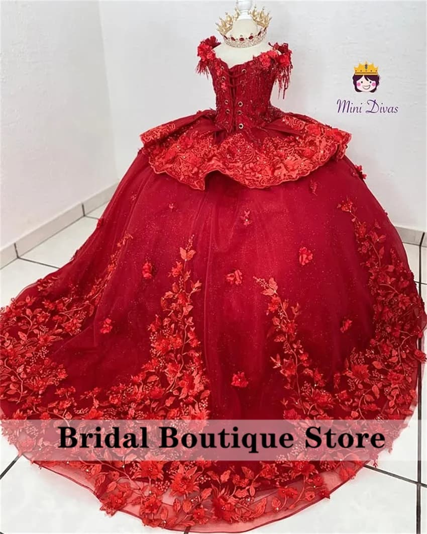 Abiti da principessa per ragazze di fiore rosso Abiti da spettacolo con perline Dimoands applique 3D Abiti da festa di compleanno per bambini Abito da ballo personalizzato