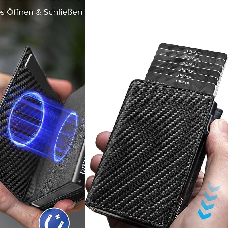 Portafoglio Trifold in Fibra di Carbonio con Blocco RFID e Tasca per Monete, Porta Carte di Credito Automatico Pop-Up per Uomo