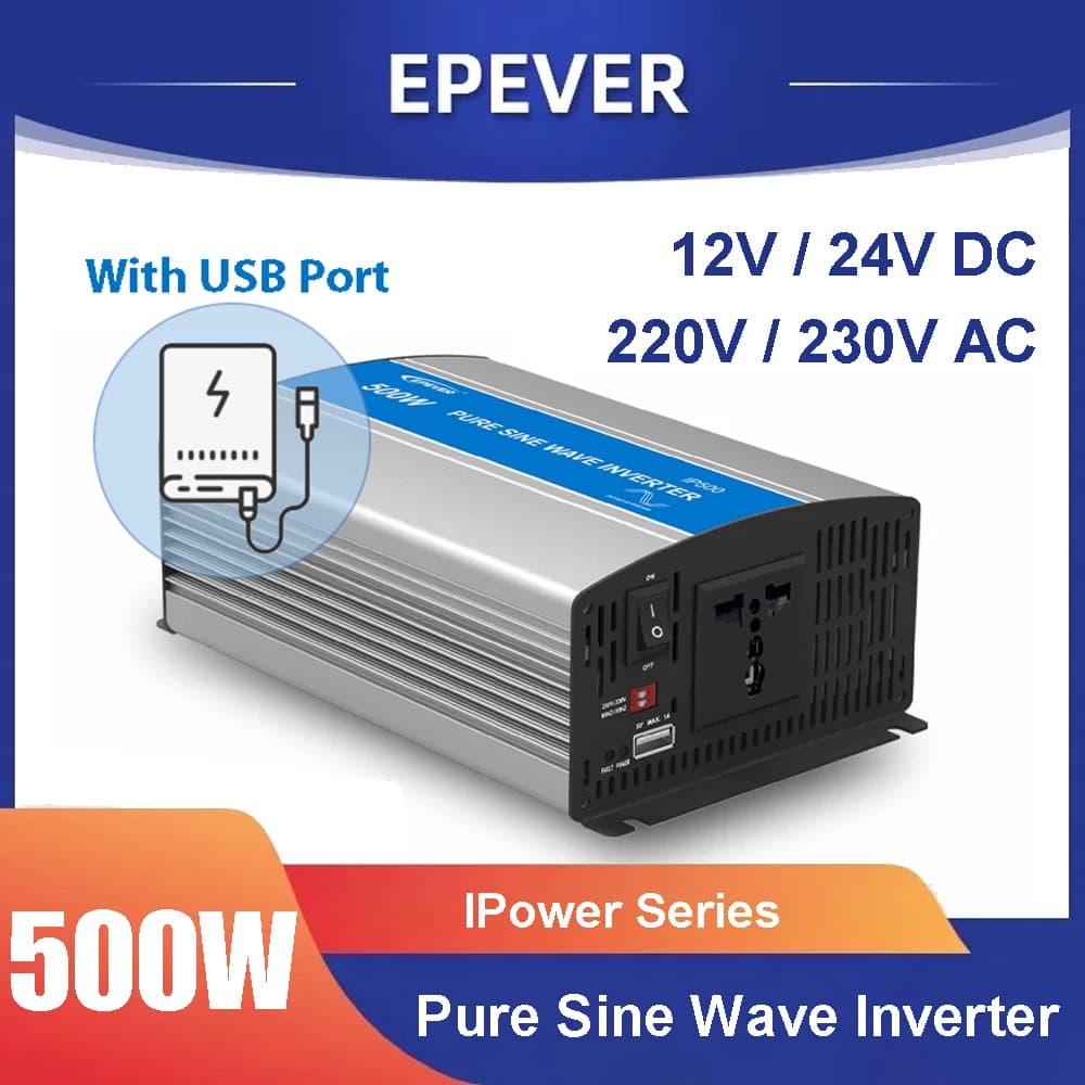 Inverter EPEVER 500W a Onda Sinusoidale Pura, Ingresso 12V/24V DC, Uscita 220V 230V AC, Inverter Solare Fotovoltaico Off-Grid IPower IP500-12/22