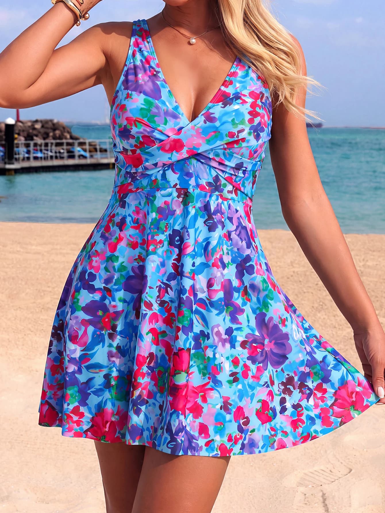 Women Floral Print V Neck Cross Wrap Swim Dress, Sleeveless Tummy Control One Piece Bathing Suit Beach Swimwear