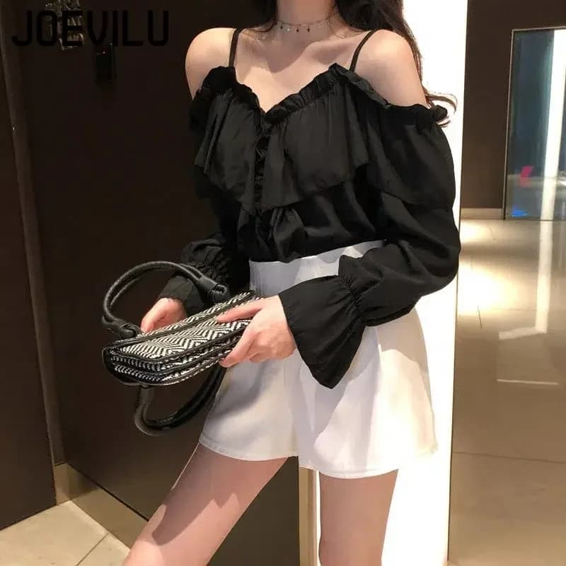 Fairy Chiffon Shirt Korean V Neck Sling Ruffle Flared Sleeve Blouse Women's Spring and Summer Off Shlouder Casual Loose Crop Top