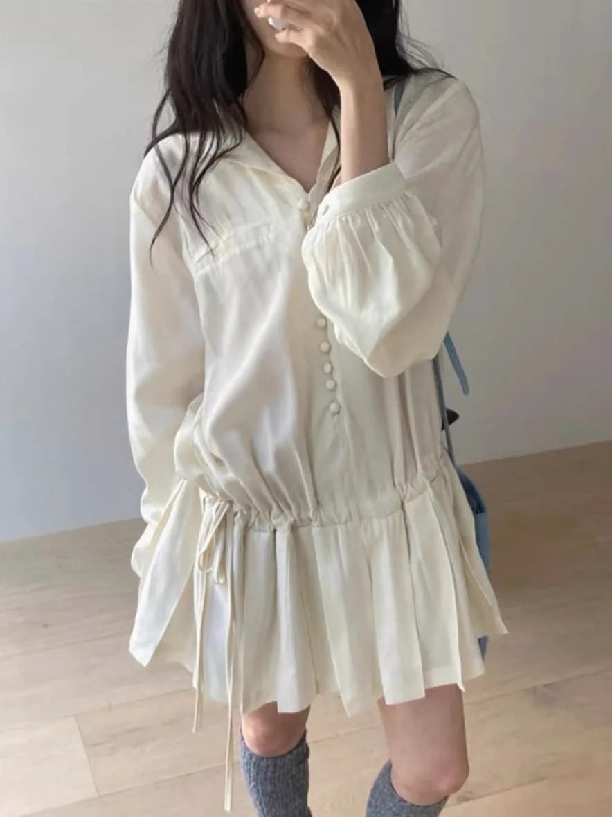 Slimming Long Sleeve Shirt Dress Women's Chic Personality Match Pleated Drawstring Korean Style City Commute V-neck Dress