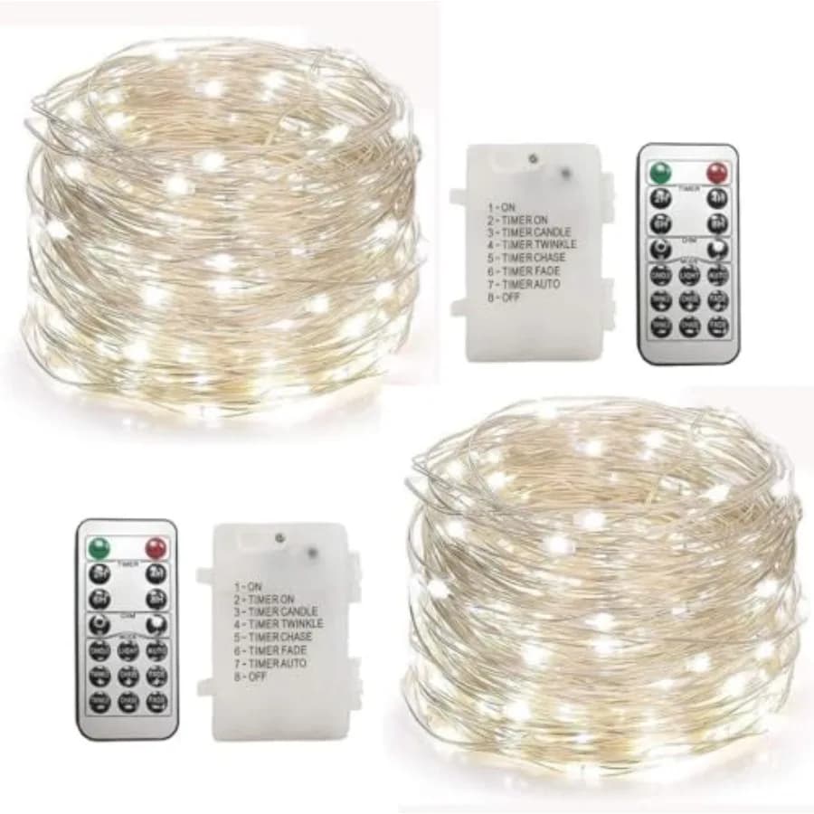 Led Fairy Lights Battery Operated with Remote Control Timer Waterproof Silver Copper Wire Twinkle String Lights for Party Bedro