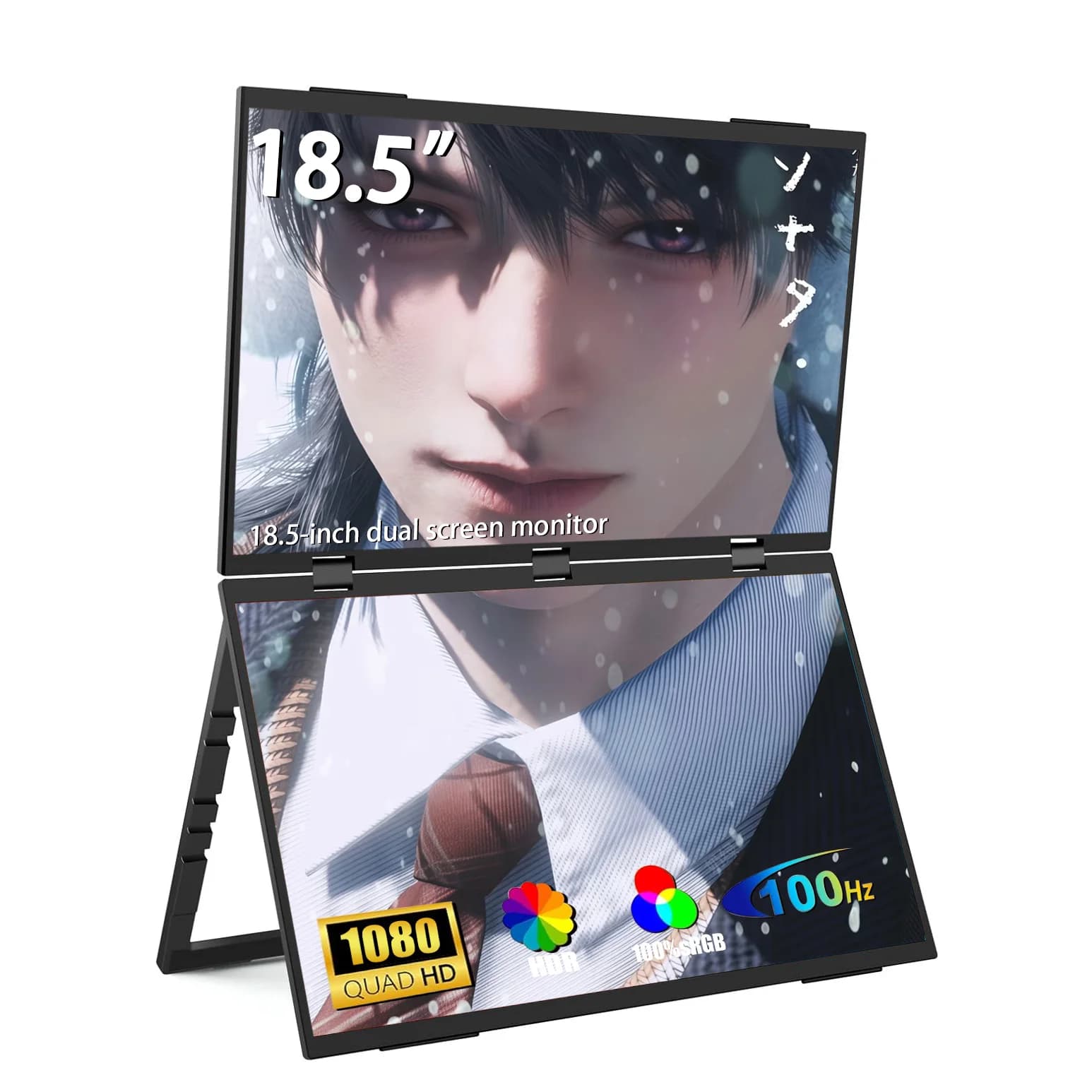AHXJKA Double portable monitor from 18,5" 100 Hz 1080P HDR 180 ° Laptop foldable triple stacked with automatic rotation with support and VESA