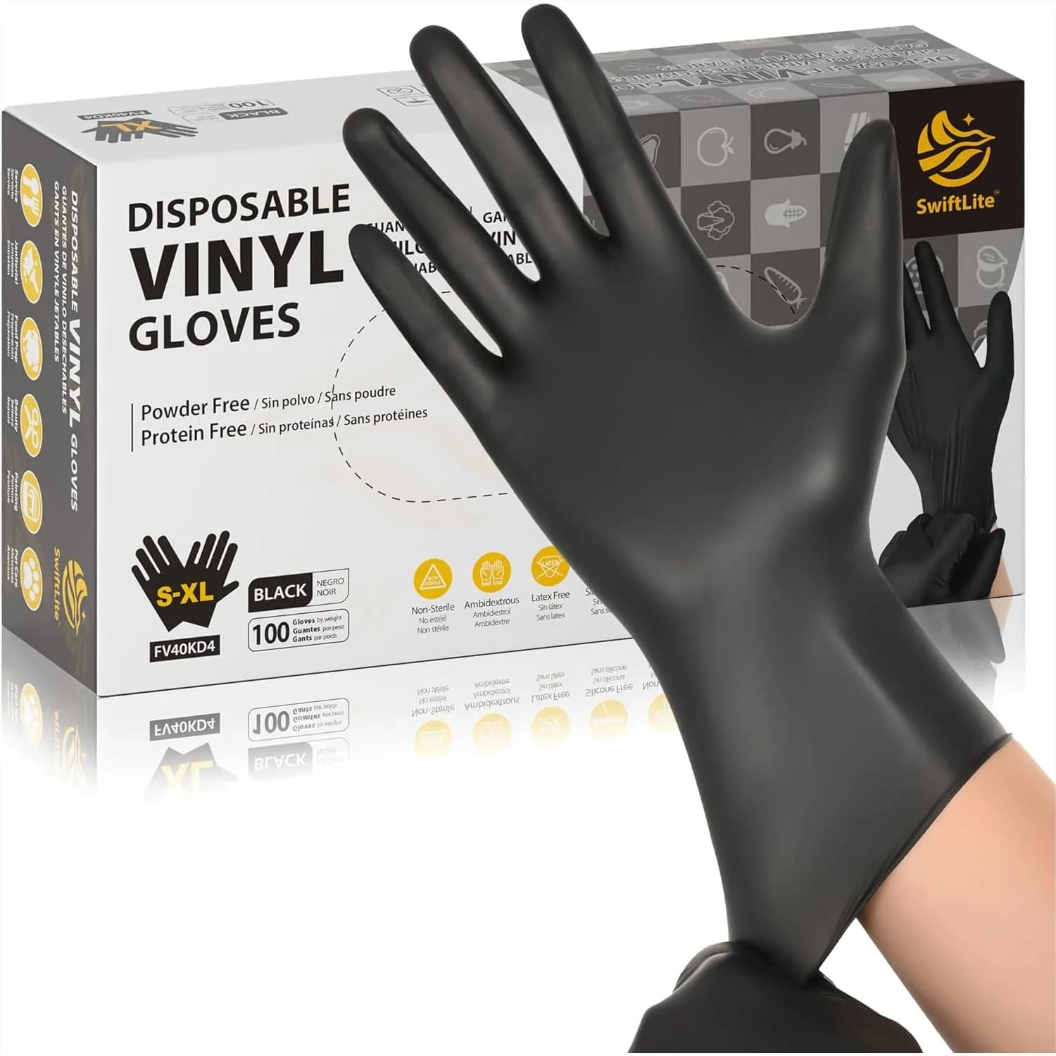 Guanti in Vinile Nero, Monouso Senza Lattice e Senza Polvere, Guanti per Alimenti per Pulizia, Cucina e Preparazione Cibo