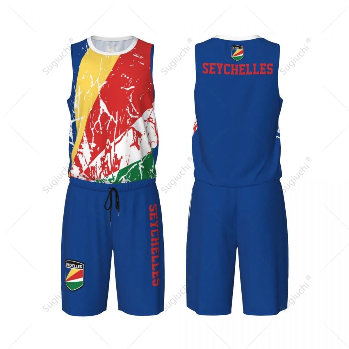 Set da basket da uomo con bandiera Seychelles, camicia e pantaloni senza maniche