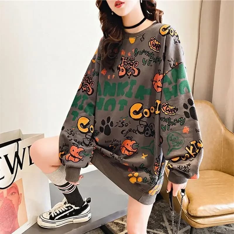 Moda autunno Pulovers Casual Plus Size allentato manica lunga t-shirt da donna grafica abiti coreani top Midi felpa con cappuccio Extra Large