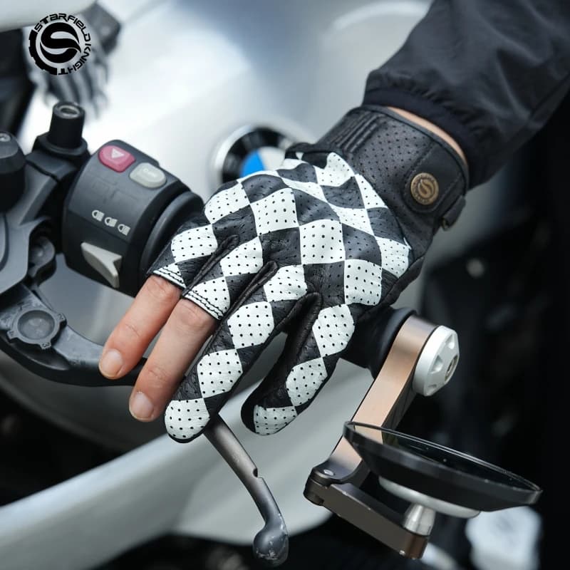 Star Field Knight Black-white Motorcycle Riding Gloves Half Finger Summer Breathable Real Goat Leather Non-slip Wear-resistant