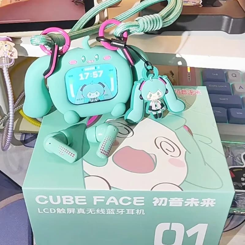 In Stock Genuine Hatsune Miku Wireless Bluetooth Headphones Cube Face Lcd Touch Screen Wireless Bluetooth Headphones Gifts Toys