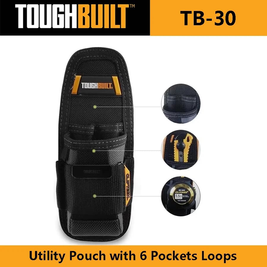TOUGHBUILT TB-30 Custodia multiuso 6 tasche Passanti Clip da cintura in acciaio Clip per metro a nastro Borsa per attrezzi foderata in plastica Accessori per attrezzi