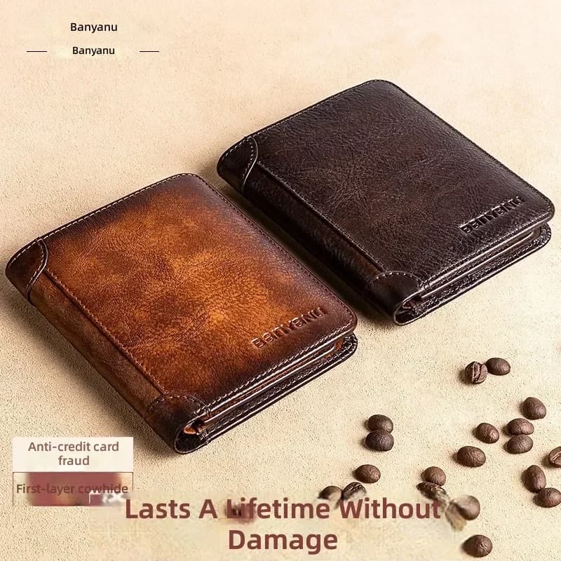 Arrival Men's Short Genuine Leather Wallet Anti-theft Ultra Slim Layer Cowhide Multi Card Slot Casual Bi-fold Purse