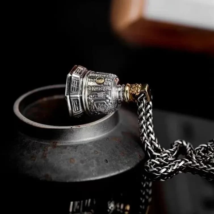 Tibetan Culture Style Silver Color Mysterious Text Adorned with Gold Color Bell Necklace UNISEX Domineering Sweater Chain