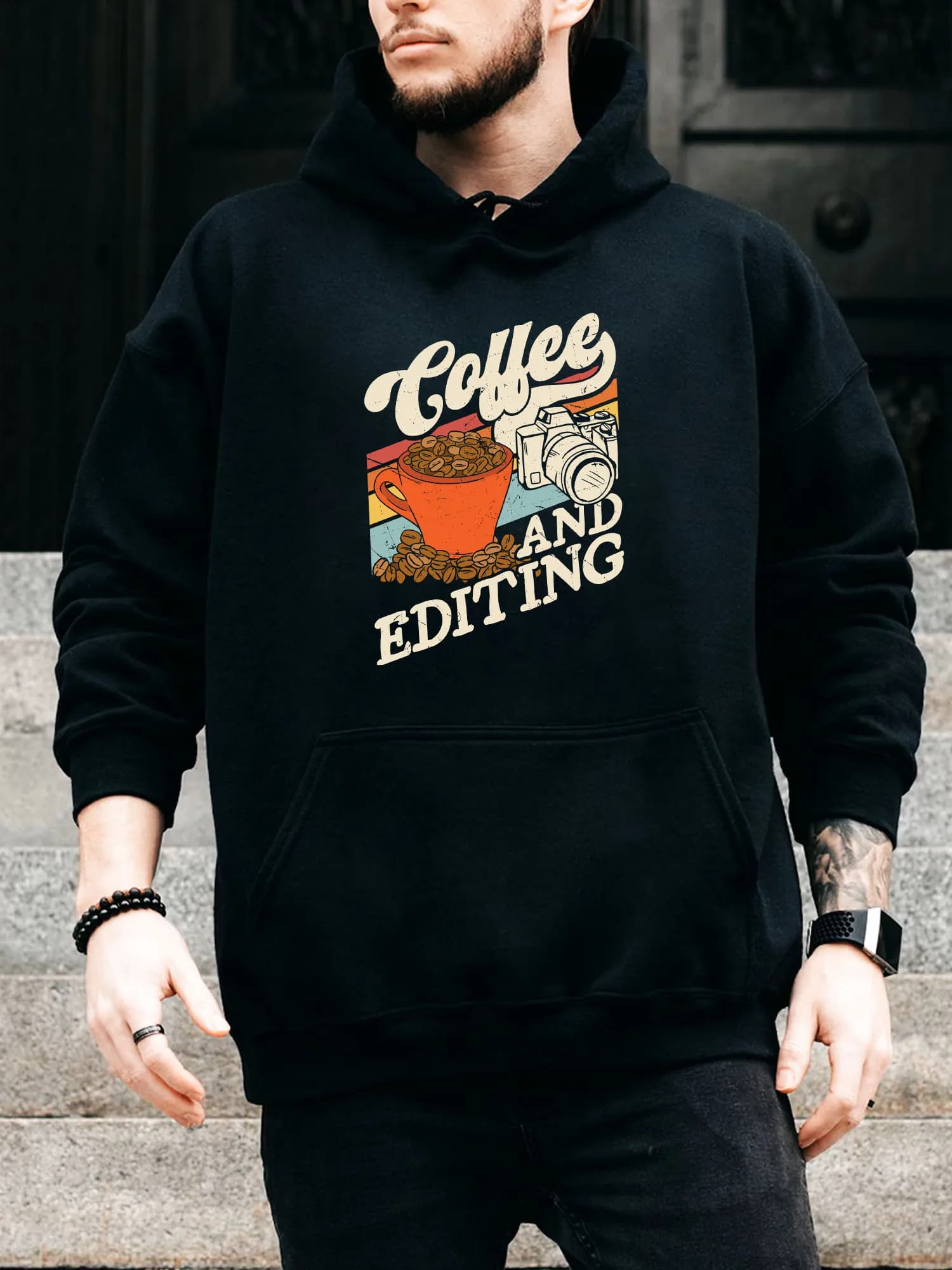 Felpa con cappuccio da uomo Coffee and Edition con coulisse - Pullover nero casual e confortevole, felpa con cappuccio autunno e inverno