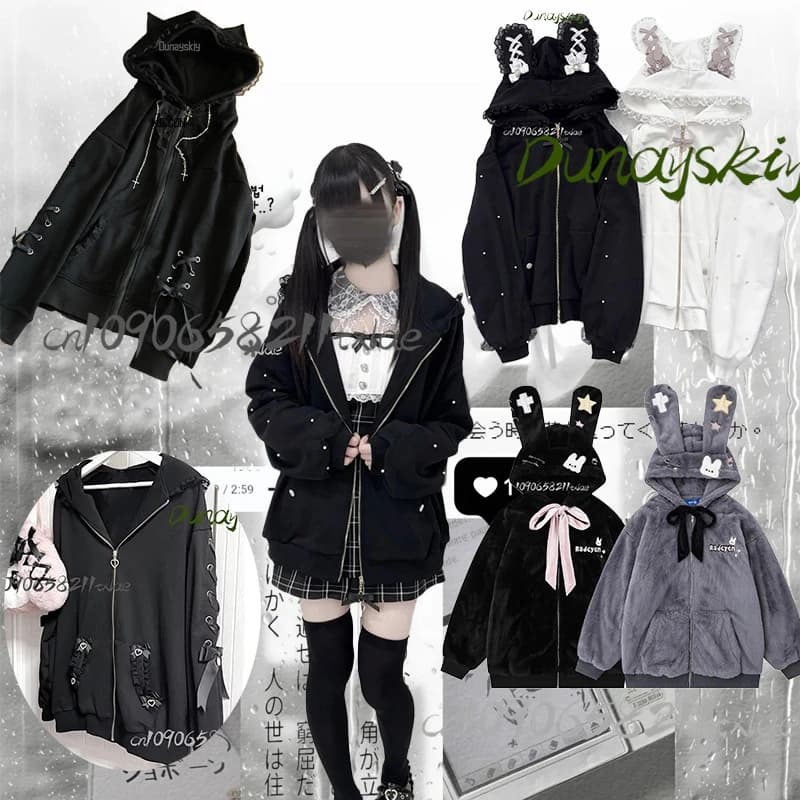 Jirai Kei Japanese Women Girls Costumes Cosplay Bunny Cat Ear Hoodie White Coat Black Plush Hot coat Daily Carnival Kawaii
