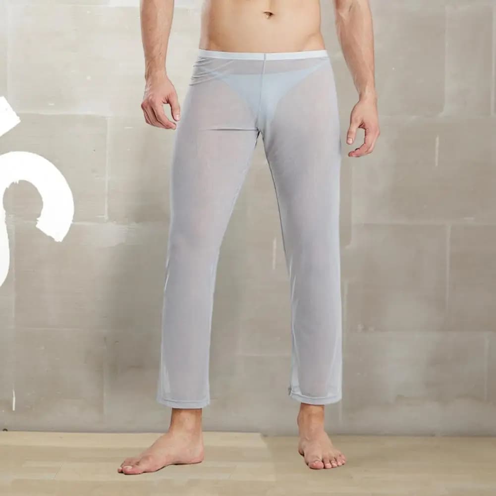 Men Pajama Pants Ultrathin See-through Ice Silk Breathable Mid Waist Elastic Bottoming Pants Homewear Sleeping Long Trousers