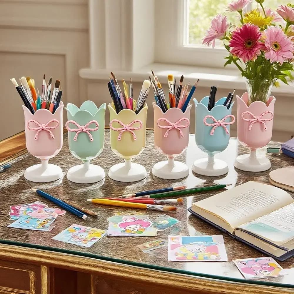 Portapenne in plastica multifunzionale a forma di tulipani Organizzatore da tavolo Porta pennelli per trucco Secchio portaoggetti Ufficio scolastico
