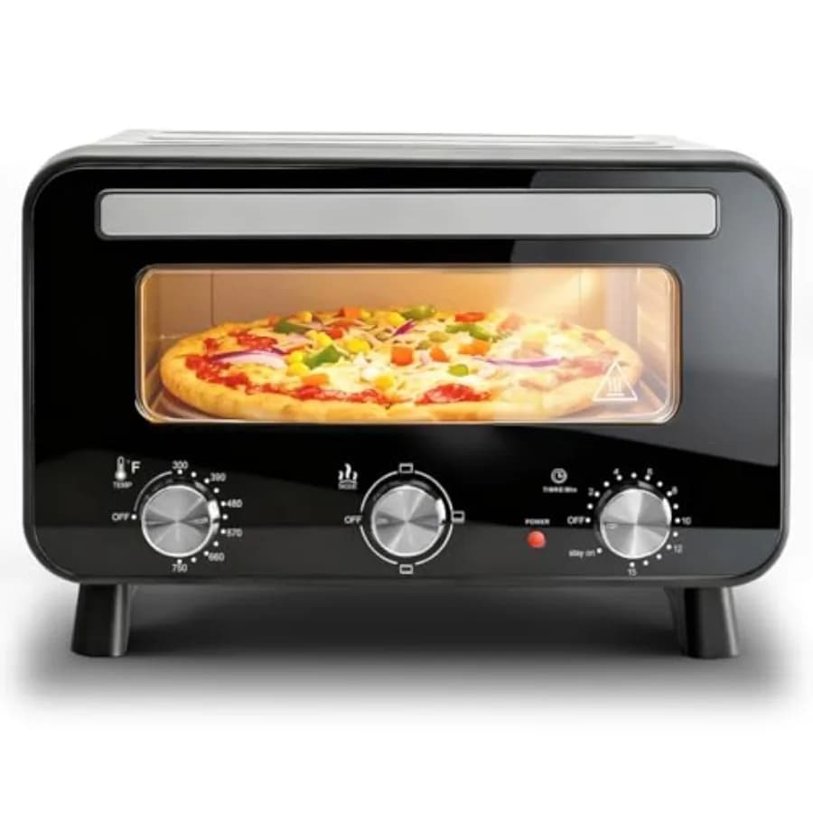 Forno Elettrico per Pizza da Interno 1600W con Pietra Refrattaria e Spatola, 4 Modalità, Riscaldamento Rapido per Pizze da 12 Pollici, Temperatura Indipendente Superiore-Inferiore