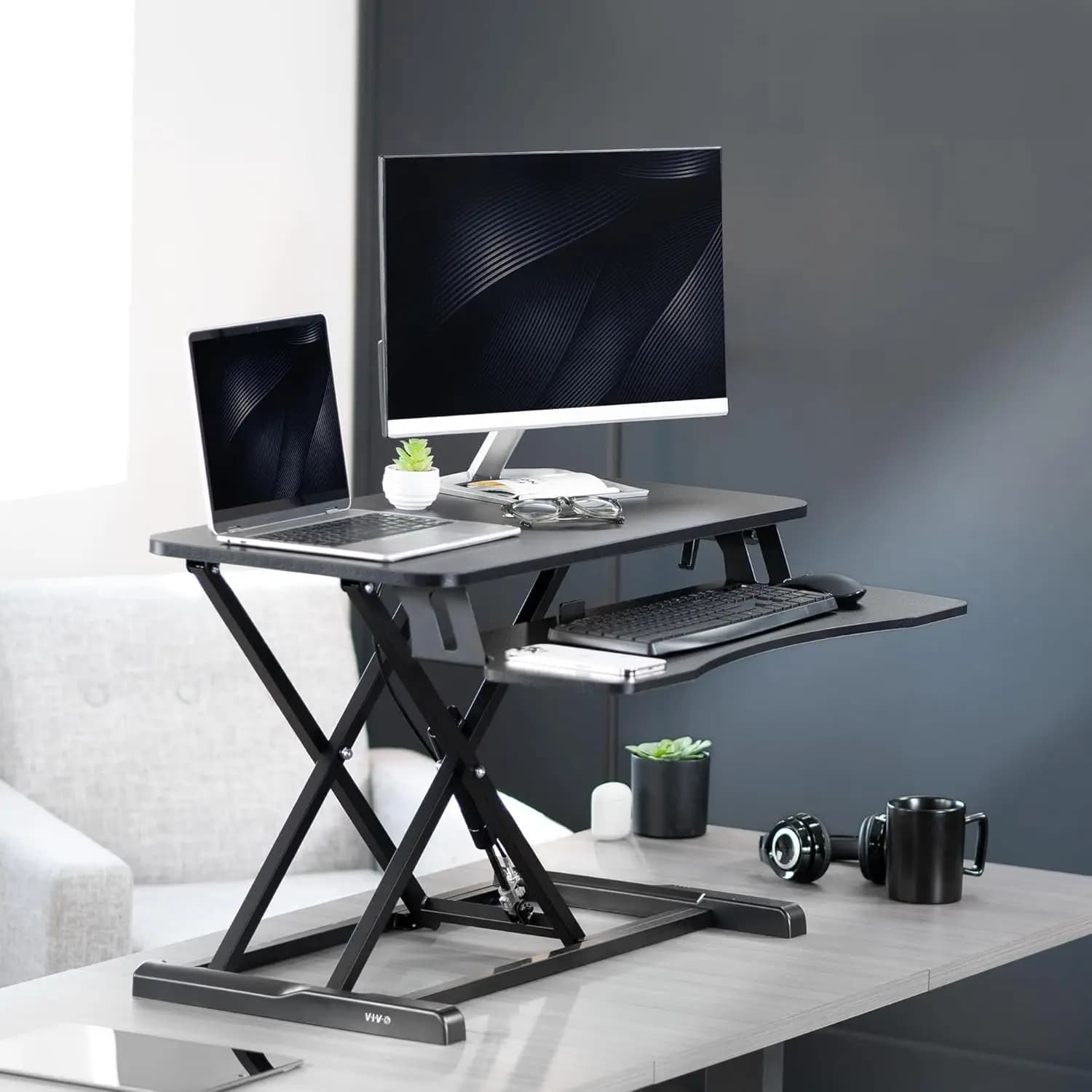 32 inch desk converter, K series, height adjustable support for sitting and standing position, double monitor and laptop work station, customizable