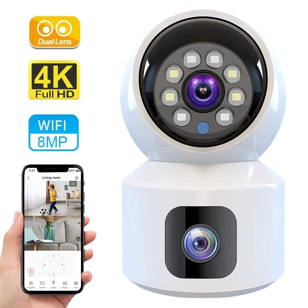 Mini telecamera HD Wifi Wireless Dual Lens Telecamere IP da 8 MP Visione notturna intelligente CCTV Sicurezza V380 Pro PTZ Camara Baby monitor da interno