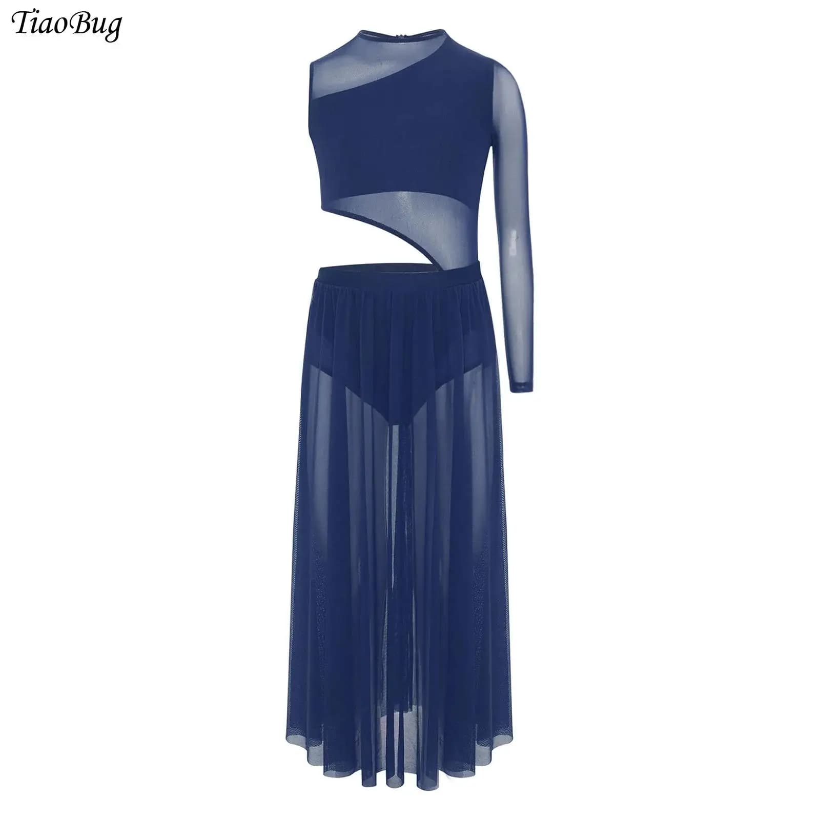 Vestito da Danza Lirica per Bambine, Abito da Pattinaggio Artistico con Spacco Laterale, Body da Ginnastica Asimmetrico in Rete Trasparente, Abiti Moderni in Jersey per Balletto