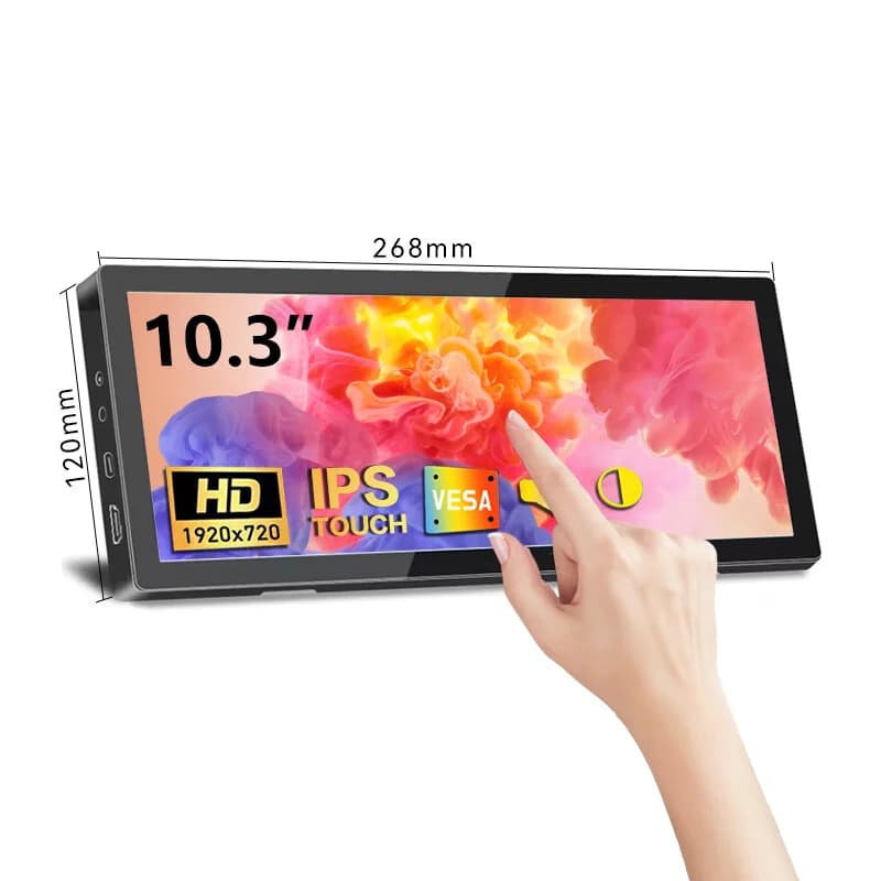 Small 10.3 inch touch screen monitor, 400cd/m2, VESA, IPS bar screen 1920*720 HDMI USBC, suitable for portable touch laptop