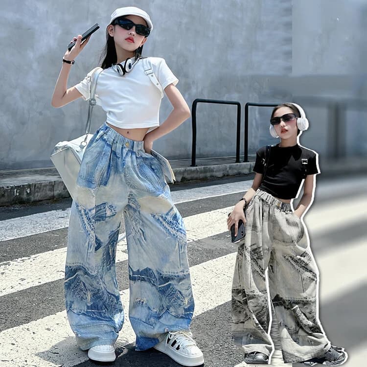 Jeans da ragazza 2025 Nuovi pantaloni estivi sottili Pantaloni da ragazza stampati a gamba larga Pantaloni da pavimento Mop 5-14 Yaras