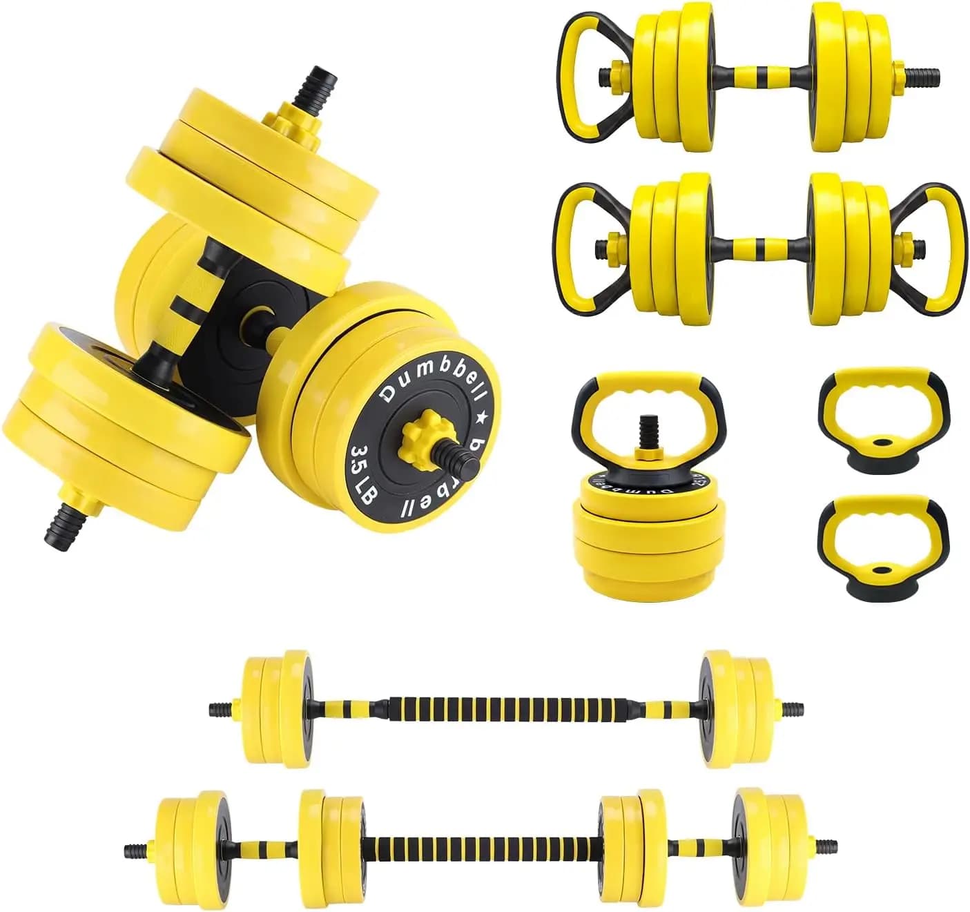 4-in-1 Adjustable Free Weights Set – Dumbbell, Barbell, Kettlebell & Push-Up Stand – Home Gym Strength Training Equipment with Iron Sand Plates, Kettlebell Handle, Barbell Connector, Foam Shoulder Pad, Durable PP Shell