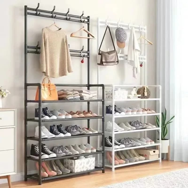 clothes hanger and shoe rack at the entrance used for storing shoes clothes jackets hats bags umbrellas in the hallway