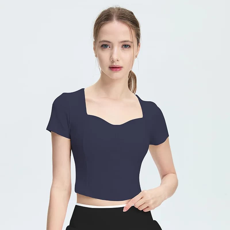 T-shirt da donna a maniche corte ad asciugatura rapida, tinta unita, con imbottitura sul petto, per yoga, sport all'aperto, fitness, palestra, elastica, Ropa Mujer