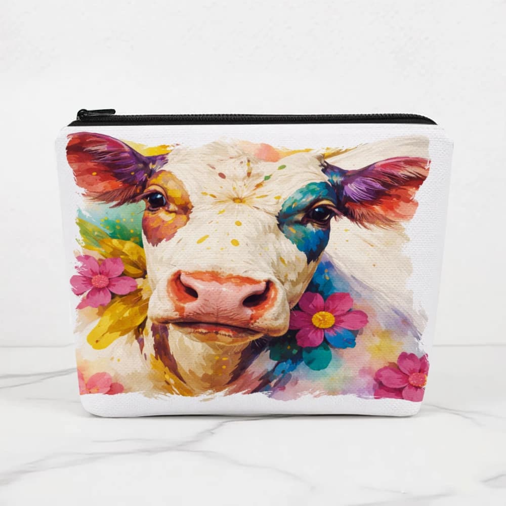 Borse per il trucco con motivo mucca colorata e fiori per ragazze, pochette per cosmetici, borsa da toilette, astuccio per matite, custodia da viaggio