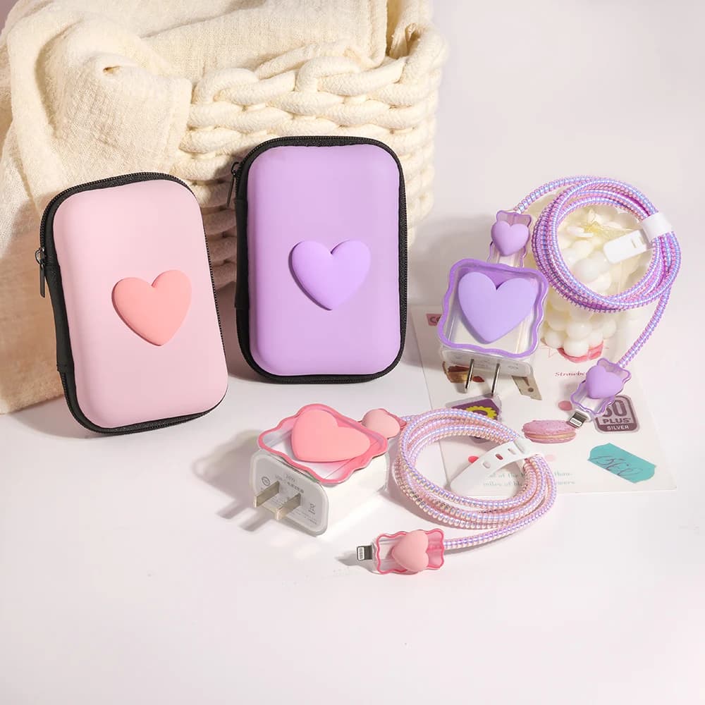 6PCS 3D Love Heart Cavo di ricarica in silicone Custodia protettiva Custodia per iPhone 20W 18W Testa di ricarica Custodia protettiva Organizer