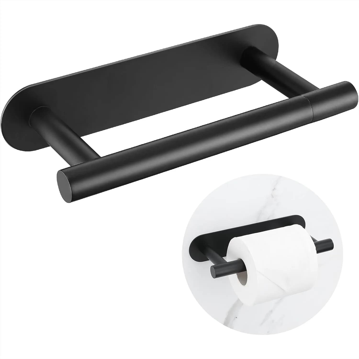 Portarotolo per Carta Igienica in Acciaio Inox SUS304, Autoadesivo Nero Opaco, Doppio Base Senza Foratura, Montaggio a Parete per Bagno e Cucina