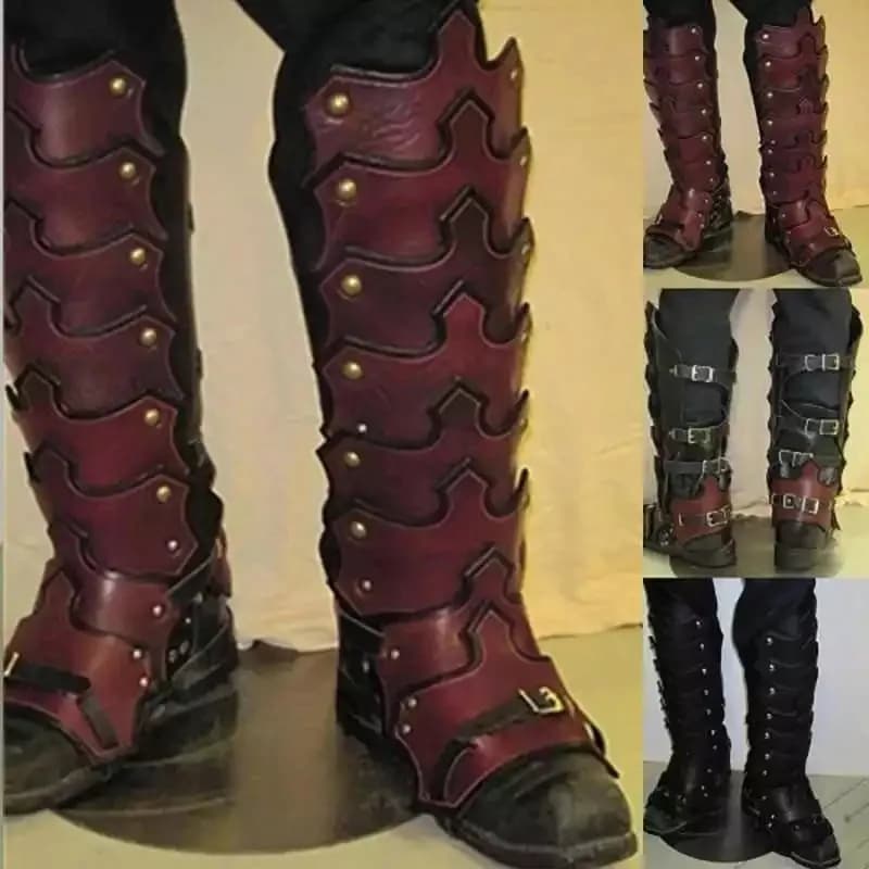 Parastinchi per gambe in pelle PU rinascimentale medievale Cavaliere vichingo Guerriero Armatura Ghetta Copriscarpe per stivali Accessorio per costume Larp Greave