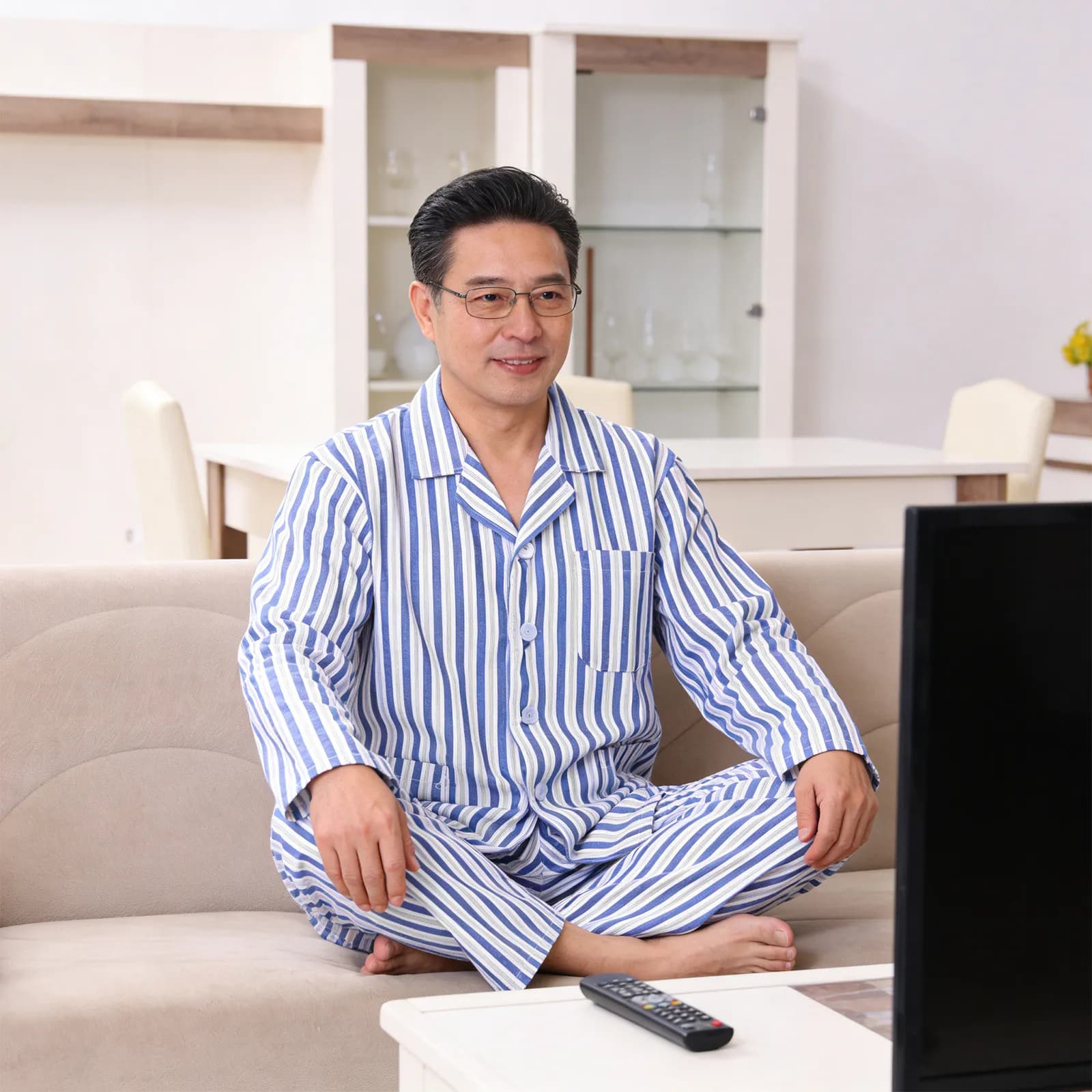 1Set Patient Pajamas Cotton Breathable Long Sleeve Striped Hospital Clothes Hospital Daily Wear Comfortable Blue White Stripe