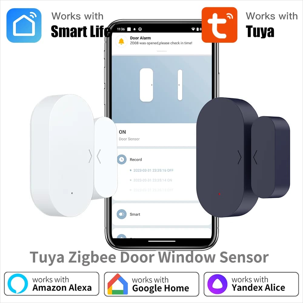 Sensore per Porte e Finestre Tuya Zigbee, Sensore di Contatto Intelligente con Hub Zigbee Richiesto, Compatibile con SmartLife, Alexa, Yandex, ZHA, Zigbee2Mqtt