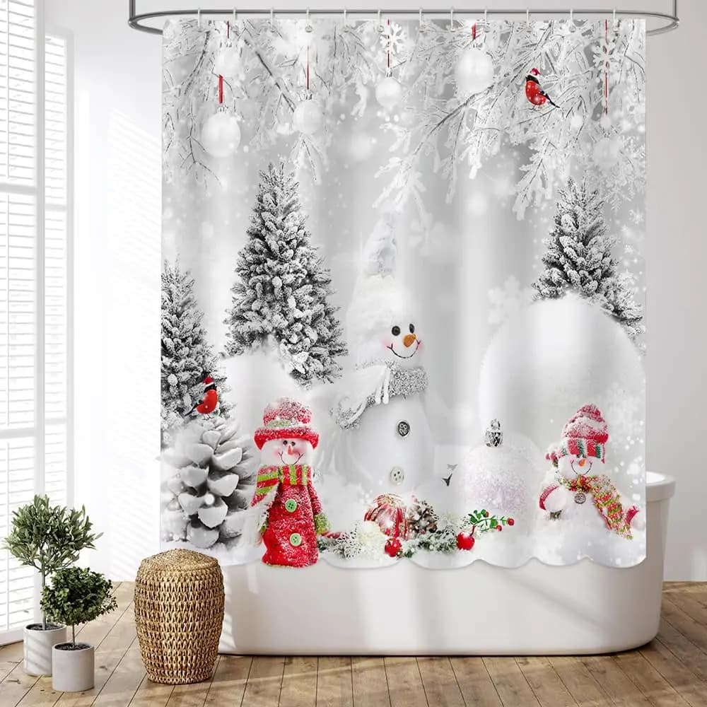 Tenda da doccia natalizia con pupazzo di neve, set di tende da doccia in tessuto natalizio con fiocco di neve invernale grigio per il bagno, grazioso rustico grigio