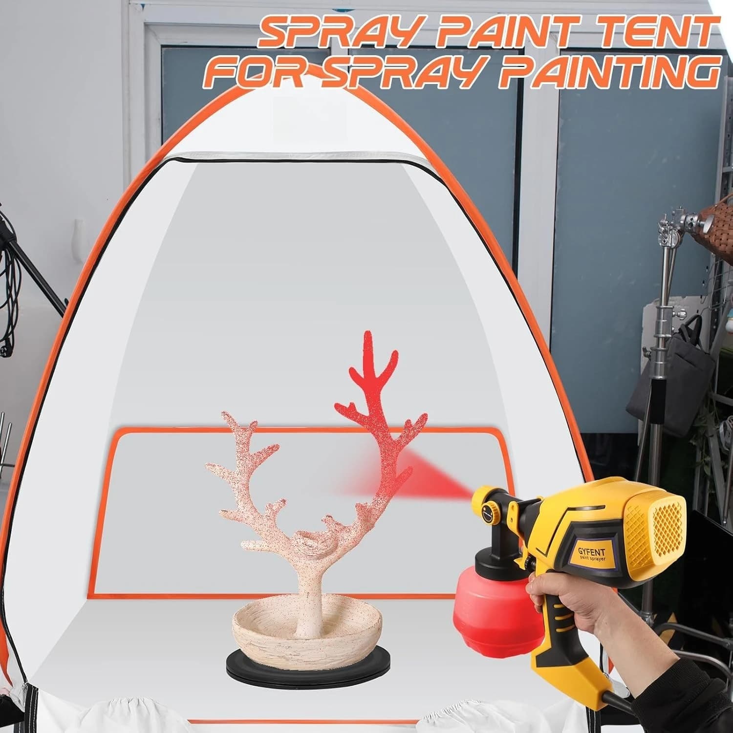 Cabina di Verniciatura Pop-Up Bianca con Bordi Arancioni, Tenda Spray Portatile, Riparo Pieghevole per Pittura Fai-da-te, Mobili e Ricambi Auto